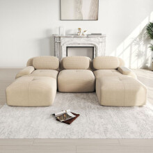 Canapé d'angle modulable en U velours côtelé beige 298x178 cm - mousse HR 32D, antidérapant, livré monté