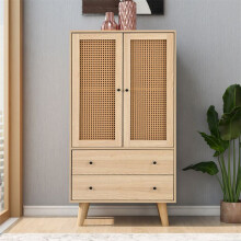 Buffet 60 x 40 x 120 cm chĂŞne - 2 portes rotin, 2 tiroirs, 4 compartiments, meuble de rangement