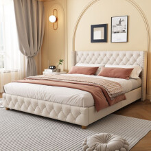 Cama tapizada 140x190 cm en lino beige con somier de lamas y cabecero, patas de madera.