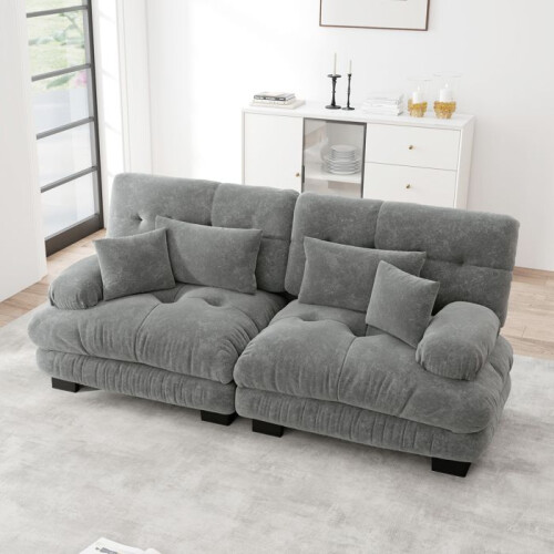 Canapé d'angle Cloud 2 places en chenille gris - structure bois massif, 220x77x81 cm, modulable 1