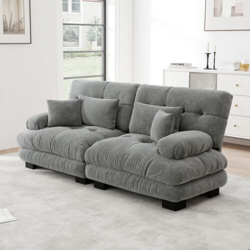 Canapé d'angle Cloud 2 places en chenille gris - structure bois massif, 220x77x81 cm, modulable 2