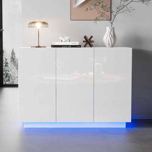 Buffet blanc laqué 120 x 40 x 75 cm, 3 portes, LED intégrées (télécommande &amp; Bluetooth), capacité 60 kg 1