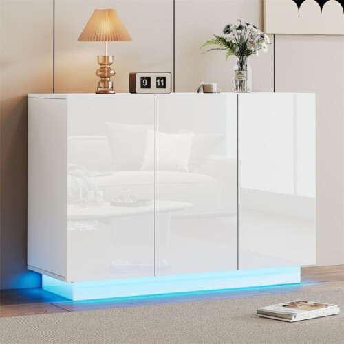 Buffet blanc laqué 120 x 40 x 75 cm, 3 portes, LED intégrées (télécommande &amp; Bluetooth), capacité 60 kg 2