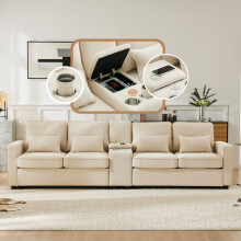 Canapé 4 places en lin beige avec console centrale, ports USB, porte-gobelets et 4 coussins - 290x83x88 cm