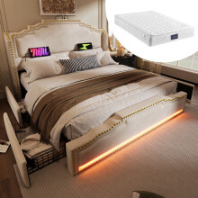 Cama tapizada 140x200 cm con 4 cajones, LED y USB-C, somier de lamas, colchón incluido — terciopelo beige