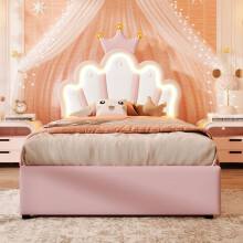 Cama princesa acolchada hidráulica 90 x 200 cm LED – PU rosa, cabecero ajustable, almacenamiento (sin colchón)