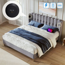 Lit rembourré 140x200 cm en lin gris avec sommier à lattes, tête de lit et ports USB/Type-C, 2 places
