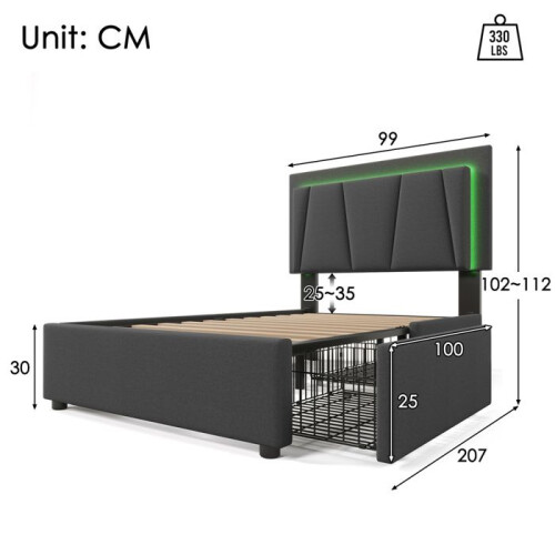 Lit - CIPACHO - Verstelbaar bed 90x200 cm met LED en 2 lades - Lattenbodem - Grijze linnen stof 2