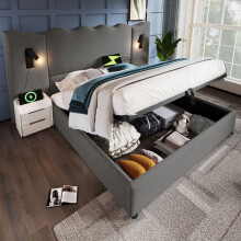 Cama con cabecero acolchado 160x200 cm en lino gris con lámpara de lectura giratoria y puertos USB-C, somier de lamas (sin colchón)