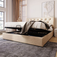 Cama litera tapizada 140x200 cm en lino natural, somier de lamas de metal, hidráulico, beige (sin colchón)