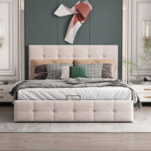 Cama tapizada con cofre hidráulico 140x200 cm de terciopelo blanco crema con somier de lamas (sin colchón)