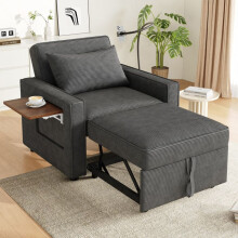 Grijze ribfluwelen 1-persoons convertible fauteuil met USB/Type-C poorten, 360 ondersteuning, rugleuning in 3 posities