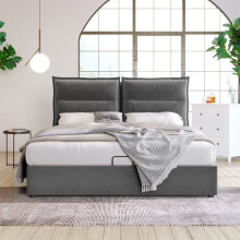 Cama con cofre acolchado 140x200 terciopelo gris – somier de lamas de metal, cabecero ajustable, hidráulico, sin colchón
