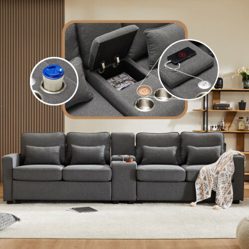 Divano 4 posti in lino grigio scuro con console, porta USB, portabicchieri e 4 cuscini