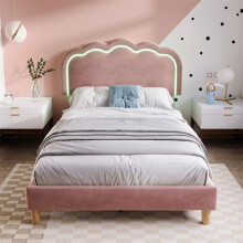 Cama litera simple acolchada 90x200 cm rosa con LED, somier de lamas y cabecera ajustable – para niño