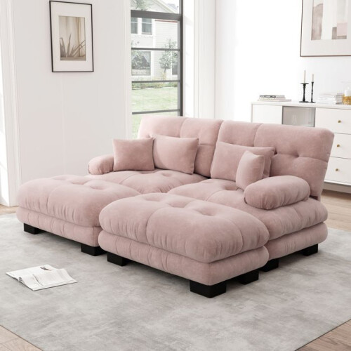 Sofá de canto modular Cloud 2 lugares em chenille rosa 220x145x81 cm com 2 puff e almofadas 1