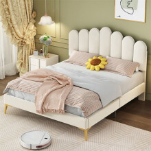 Cama doble 140x200 tapizada en terciopelo beige con cabecero y somier de lamas