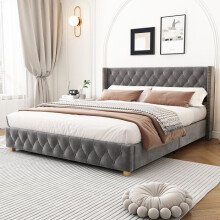 Cama tapizada de terciopelo gris 140 x 190 cm con somier de lamas y cabecero acolchado (sin colchón)