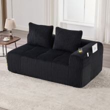 Canapé 2 places velours côtelé noir avec porte-gobelet et poche latérale — 158x93x61 cm, livré monté