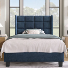 Cama 1 plaza tapizada 90 x 200 cm en lino azul — cabecera capitonada y somier de lamas (sin colchón)