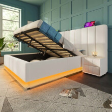 Cama litera tapizada 180x200 cm blanca con LED, 3 USB + USB-C, somier de lamas, capacidad 300 kg — sin colchón