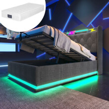 Lit rembourré gris 90x200 avec matelas 25 cm, coffre hydraulique, tête capitonnée USB‑C et LED