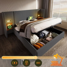 Cama litera tapizada 180x200 cm gris – cabecera multifuncional, lámpara de lectura y USB-C, somier de lamas (sin colchón)