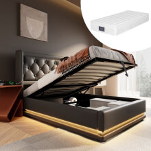 Lit coffre rembourré 90x200 avec matelas, LED multicolore, tête capitonnée USB Type‑C, PU noir