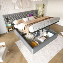 Cama tapizada con cofre hidráulico 160x200 cm en terciopelo gris con 2 mesas de noche y lámpara de lectura (sin colchón)
