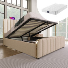 Lit coffre 140x200 beige en lin avec matelas, tête de lit rayures dorées et port USB‑C
