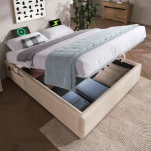 Lit coffre rembourré 140x200 cm lin naturel avec sommier à lattes et ports USB/USB-C, sans tête de lit