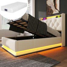 Lit simple rembourré 90 x 200 cm avec coffre hydraulique, LED 360, port USB‑C — matelas inclus