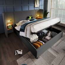 Cama lit coffre tapizada 160x200 cm gris — cabecero multifuncional, USB-C, lámpara, somier de lamas