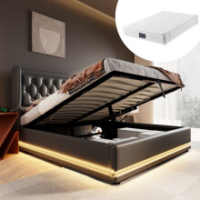 Lit double rembourré 140x200 avec coffre hydraulique, LED, ports USB/Type‑C, PU noir + matelas inclus