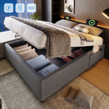 Lit coffre rembourré 140x200 cm gris avec sommier à lattes et ports USB/USB-C