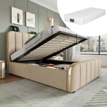 Lit coffre rembourré 90x200 lin beige — tête de lit rayée dorée avec port USB‑C + matelas 90x200