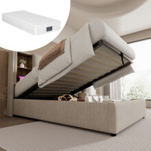 Lit rembourré 90x200 cm avec matelas 25 cm, chargeur sans fil + USB-C, sommier à lattes et coffre – Lin naturel