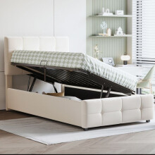 Cama tapizada - 90x200 (niño) - Cofre hidráulico - Cabecera ajustable - Terciopelo beige