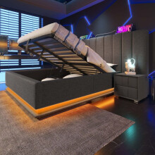Cama con cabecero acolchado 180x200 cm gris de lino con LED, USB-C 20W, somier de lamas, capacidad 300 kg