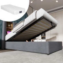 Lit 90x200 cm rembourré gris avec sommier à lattes, coffre, chargeur sans fil et matelas H3 25 cm