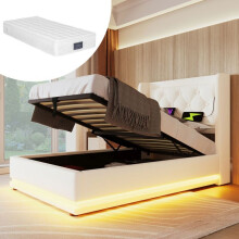 Lit rembourré 90x200 coffre LED blanc avec USB Type-C — matelas 25 cm inclus