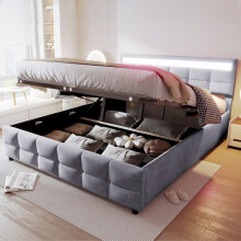 Cama tapizada 180x200 con somier de lamas, almacenamiento hidráulico y LED, terciopelo gris - sin colchón