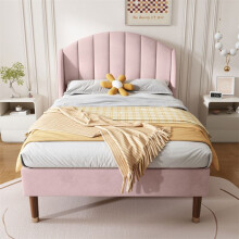 Cama litera simple acolchada 90x200 cm de terciopelo rosa con somier de lamas y cabecero — fácil de montar