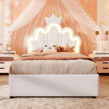 Cama lit princesa 90x200 cm tapizada en PU blanco - cofre hidráulico, cabecera ajustable, LED integrada (sin colchón)