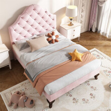 Cama tapizada de terciopelo rosa 90x200 cm con somier de lamas y cabecero ajustable — 1 plaza (sin colchón)