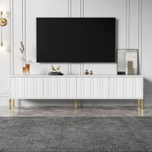 Valkoinen TV-hylly 190x38x48 cm — 4 uritettu ovea, 8 hyllyä, 15 cm kultaiset jalat, kapasiteetti 60 kg