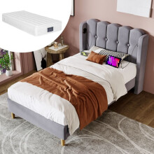 Cama 1 plaza 90x200 cm tapizada en lino gris con somier de lamas, colchón de 25 cm y puertos USB/Type-C.