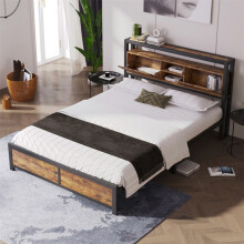 Cama metálica 140 x 200 cm doble con cabecero cofre y somier de lamas – 2 plazas, capacidad 200 kg, neutra