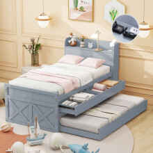 Cama infantil 90x190 cm en pino gris con cajones y cama nido, cabecera con estantes y puerto USB (sin colchón)