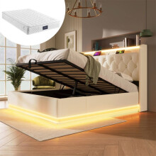 Cama con cofre tapizado de PU 140 x 200 con colchón de 25 cm, LED 360 y puerto USB-C, blanco